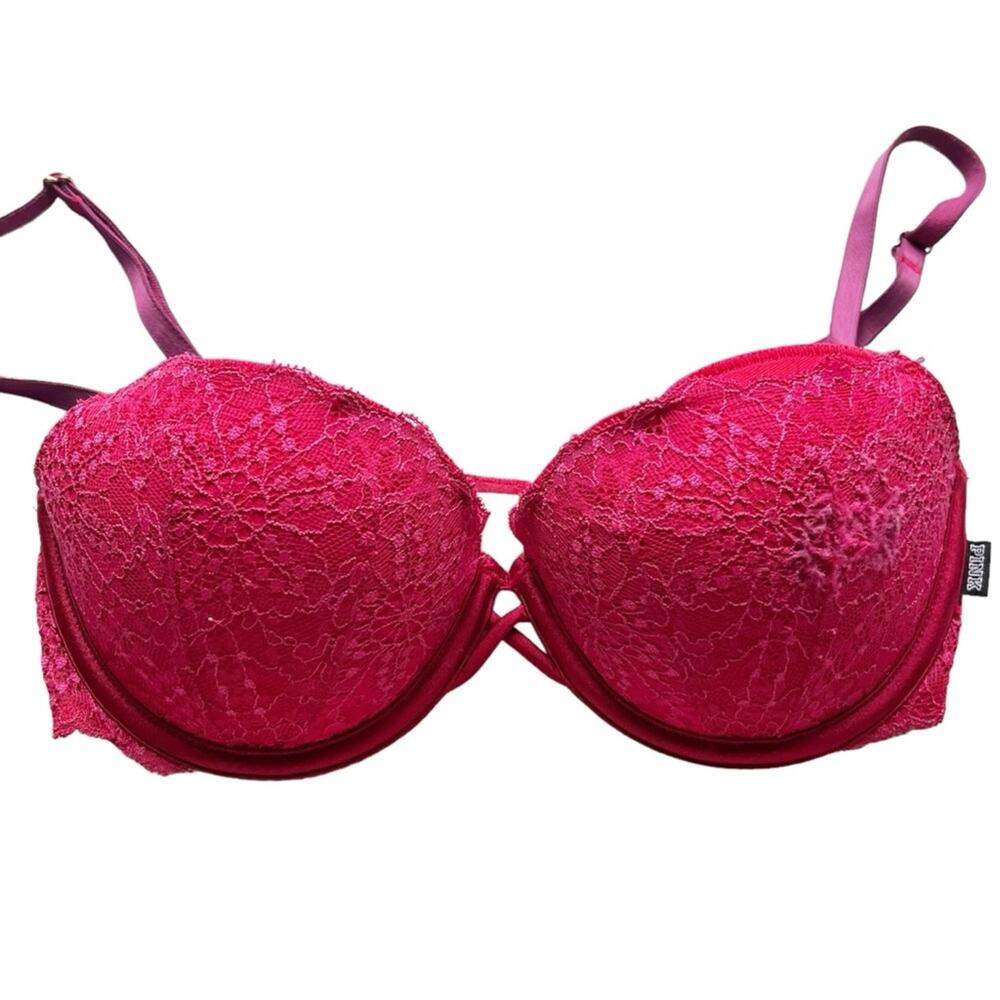 Victoria’s Secret PINK The Date Push Up Bra Red Lace Intimates Lingerie Size 32D